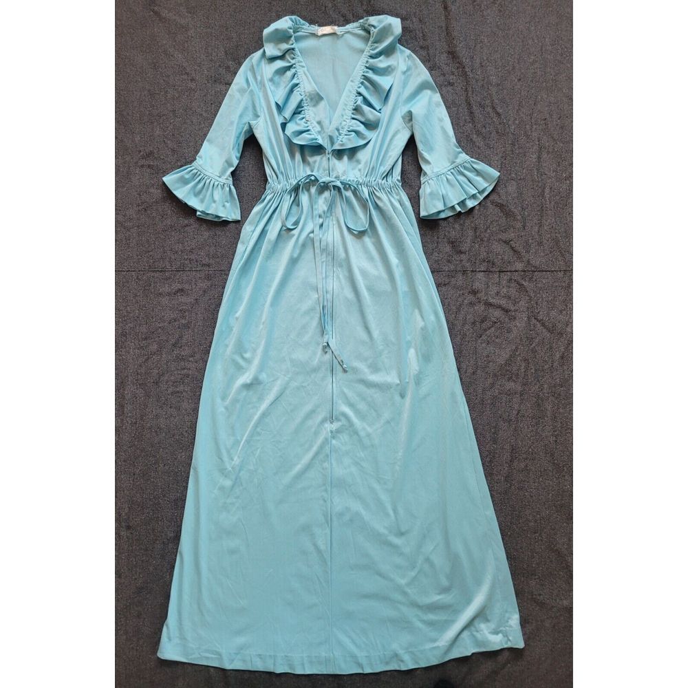 Vintage 70s Maxi Dress Baby Blue Nightgown Ruffles Tie‎ Waist Size M V Neck